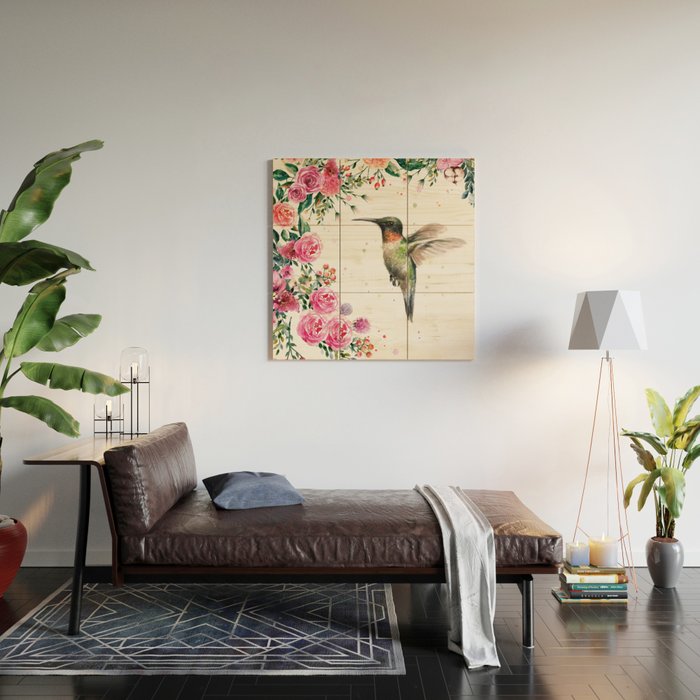 Hummingbird and Flowers Watercolor Animals Wood Wall Art Gallery Image 2
