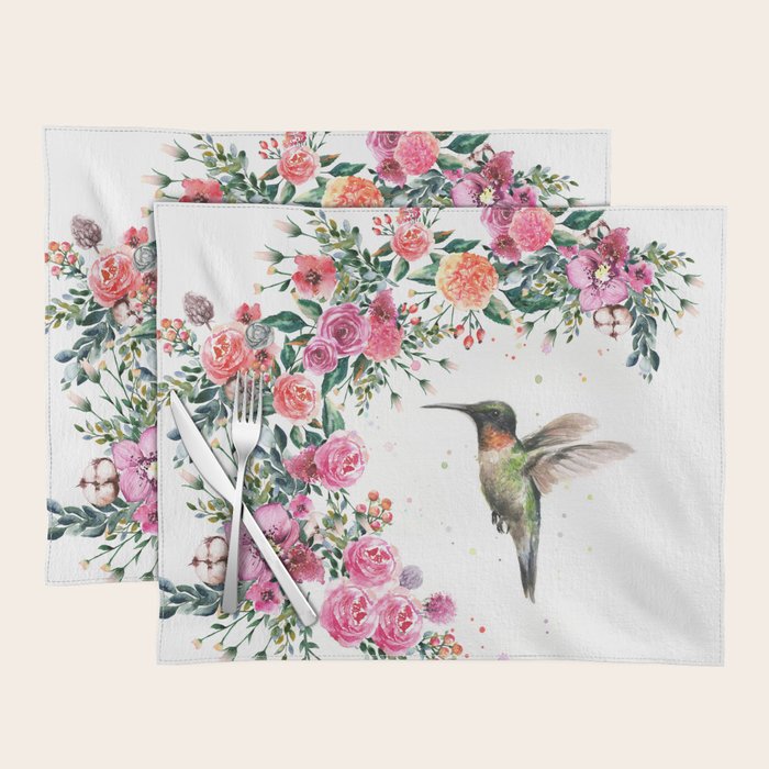 Hummingbird and Flowers Watercolor Animals Placemat Gallery Image 1