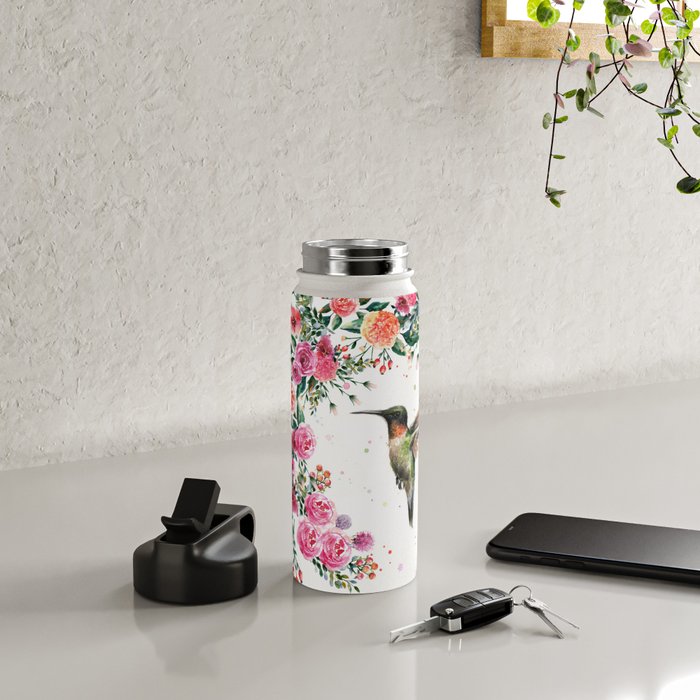 Hummingbird and Flowers Watercolor Animals Water Bottle Gallery Image 4