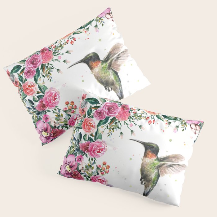 Hummingbird and Flowers Watercolor Animals Pillow Sham Gallery Image 3