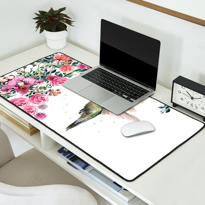 Hummingbird and Flowers Watercolor Animals Desk Mat Gallery Image 2