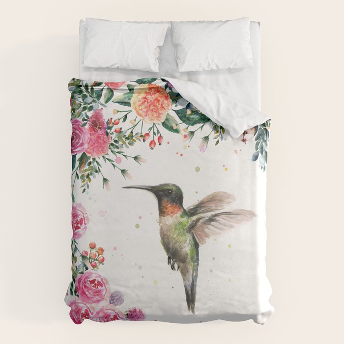 Hummingbird and Flowers Watercolor Animals Duvet Cover Gallery Image 6