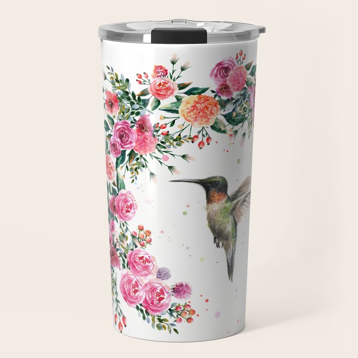 Hummingbird and Flowers Watercolor Animals Travel Mug Gallery Image 1