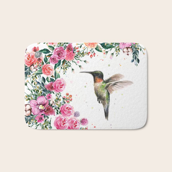 Hummingbird and Flowers Watercolor Animals Bath Mat Gallery Image 1