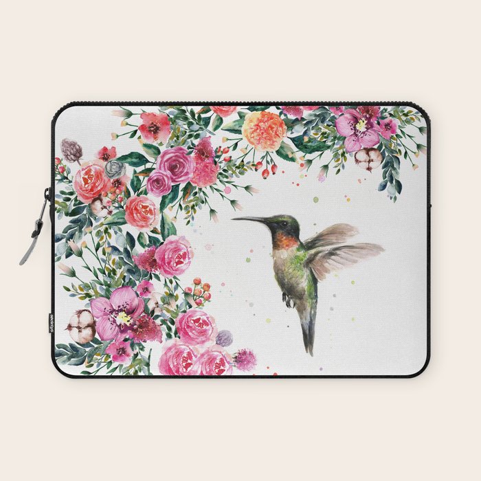 Hummingbird and Flowers Watercolor Animals Laptop Sleeve Gallery Image 1
