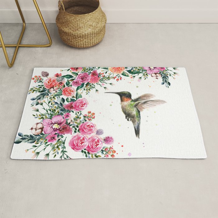 Hummingbird and Flowers Watercolor Animals Rug Gallery Image 1