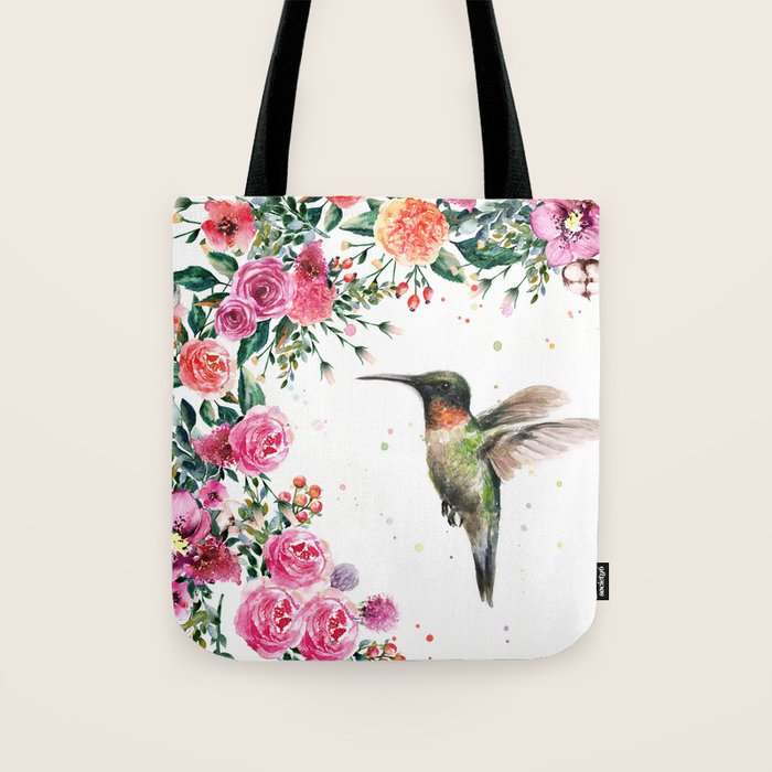 Hummingbird and Flowers Watercolor Animals Tote Bag Gallery Image 1