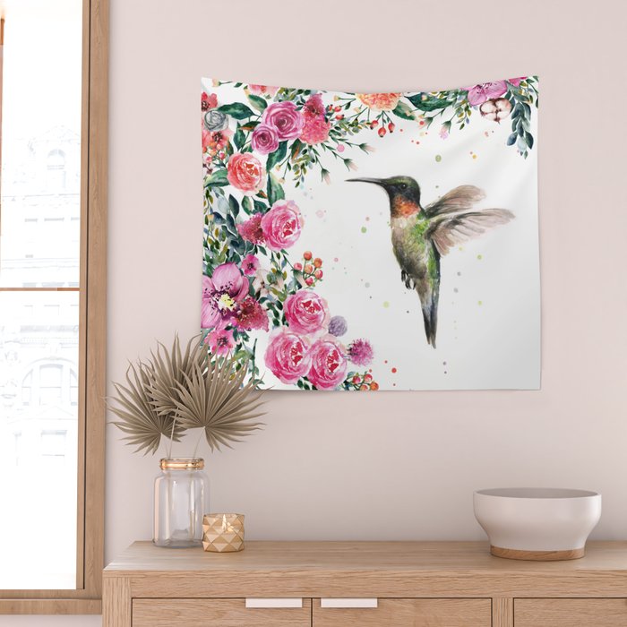 Hummingbird and Flowers Watercolor Animals Wall Tapestry Gallery Image 2
