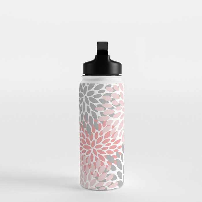 Floral Pattern, Coral Pink and Gray Water Bottle Gallery Image 3