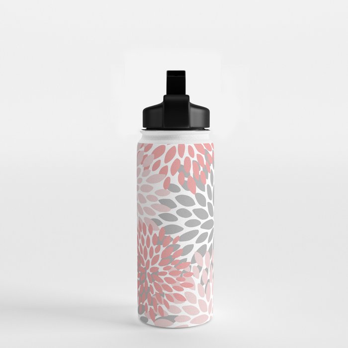 Floral Pattern, Coral Pink and Gray Water Bottle Gallery Image 2