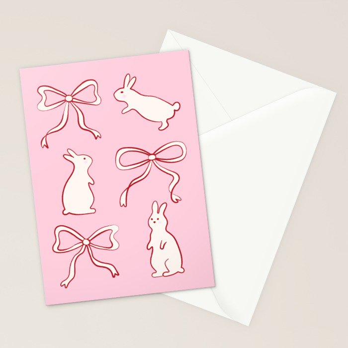 Ribbon Bows and Bunnies in Red, Pink and White Stationery Card Gallery Image 2