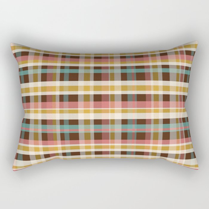 Retro Midcentury Modern Plaid Pattern Teal Brown Coral Gold Beige Rectangular Pillow Gallery Image 1