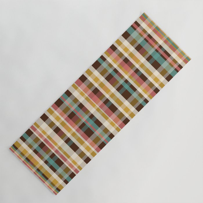 Retro Midcentury Modern Plaid Pattern Teal Brown Coral Gold Beige Yoga Mat Gallery Image 1
