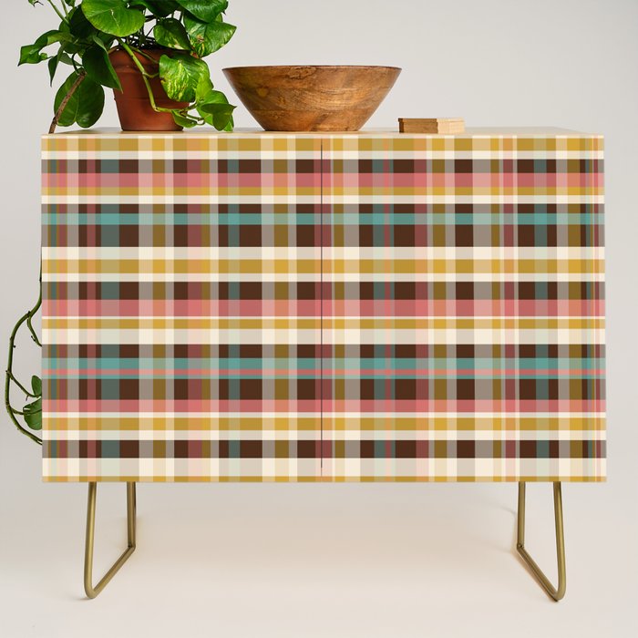 Retro Midcentury Modern Plaid Pattern Teal Brown Coral Gold Beige Credenza Gallery Image 1