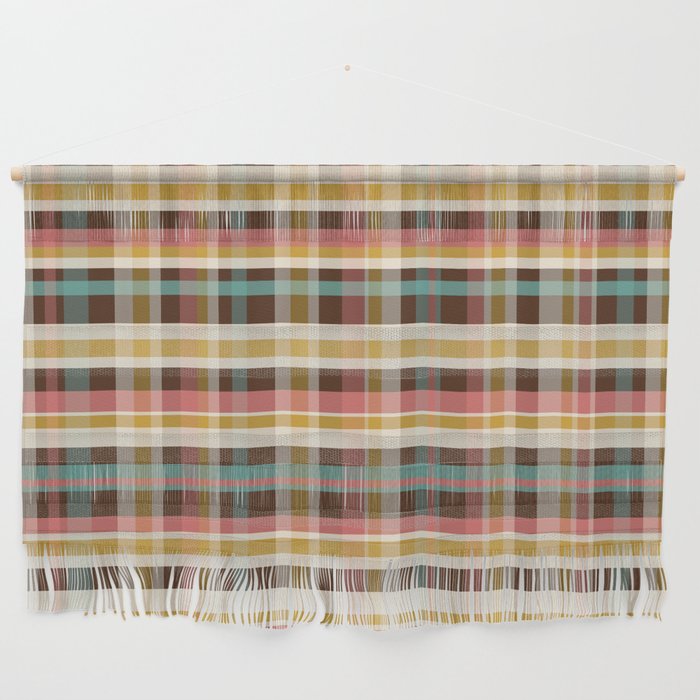 Retro Midcentury Modern Plaid Pattern Teal Brown Coral Gold Beige Wall Hanging Gallery Image 1