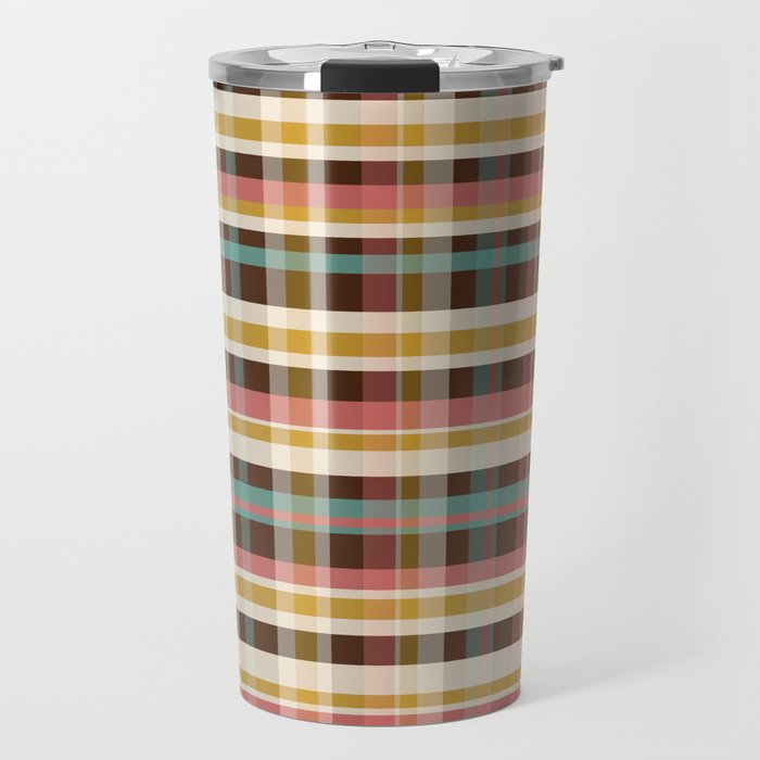 Retro Midcentury Modern Plaid Pattern Teal Brown Coral Gold Beige Travel Mug Gallery Image 1