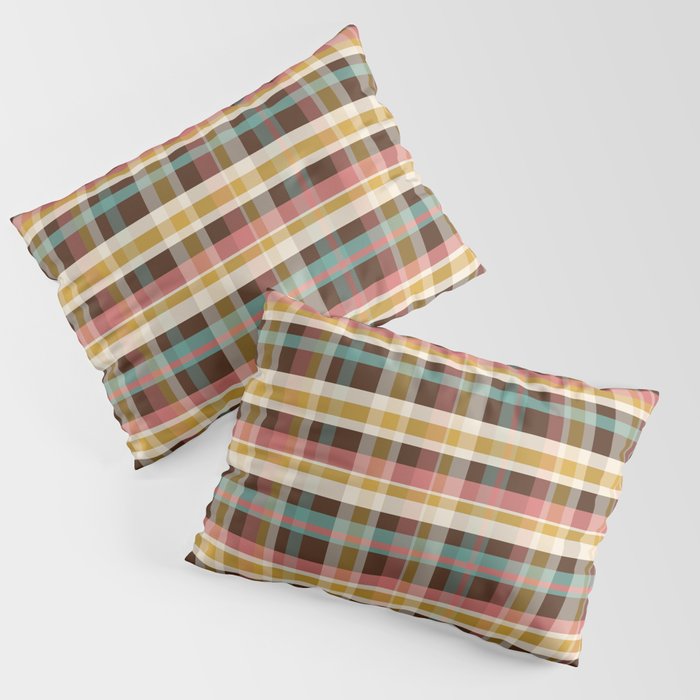 Retro Midcentury Modern Plaid Pattern Teal Brown Coral Gold Beige Pillow Sham Gallery Image 1