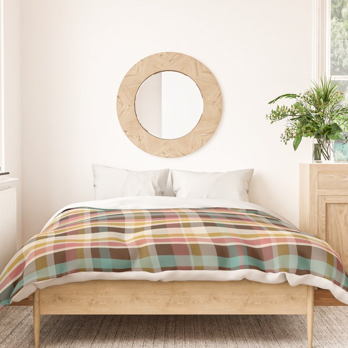 Retro Midcentury Modern Plaid Pattern Teal Brown Coral Gold Beige Duvet Cover Gallery Image 3