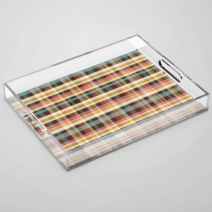 Retro Midcentury Modern Plaid Pattern Teal Brown Coral Gold Beige Acrylic Tray Gallery Image 1