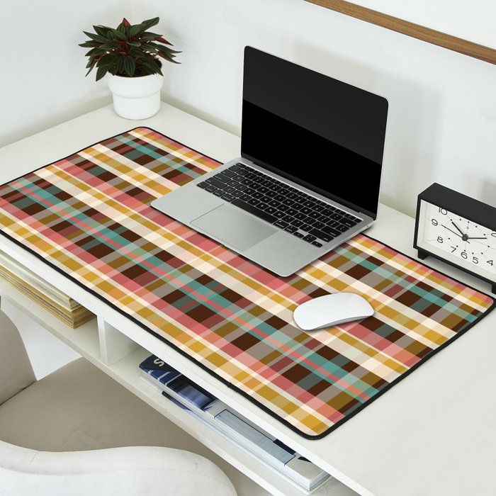 Retro Midcentury Modern Plaid Pattern Teal Brown Coral Gold Beige Desk Mat Gallery Image 2