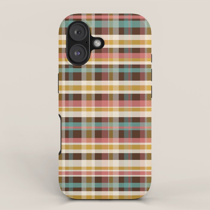 Retro Midcentury Modern Plaid Pattern Teal Brown Coral Gold Beige iPhone Case Gallery Image 1