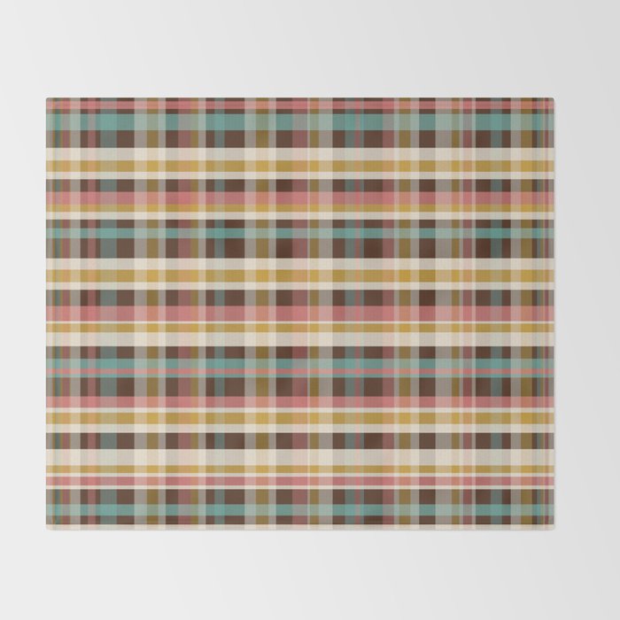 Retro Midcentury Modern Plaid Pattern Teal Brown Coral Gold Beige Throw Blanket Gallery Image 2