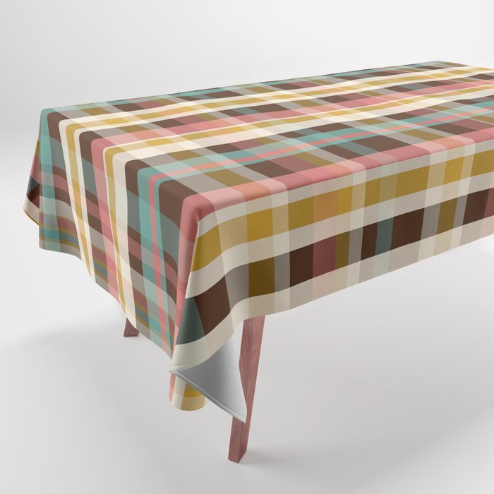 Retro Midcentury Modern Plaid Pattern Teal Brown Coral Gold Beige Tablecloth Gallery Image 1
