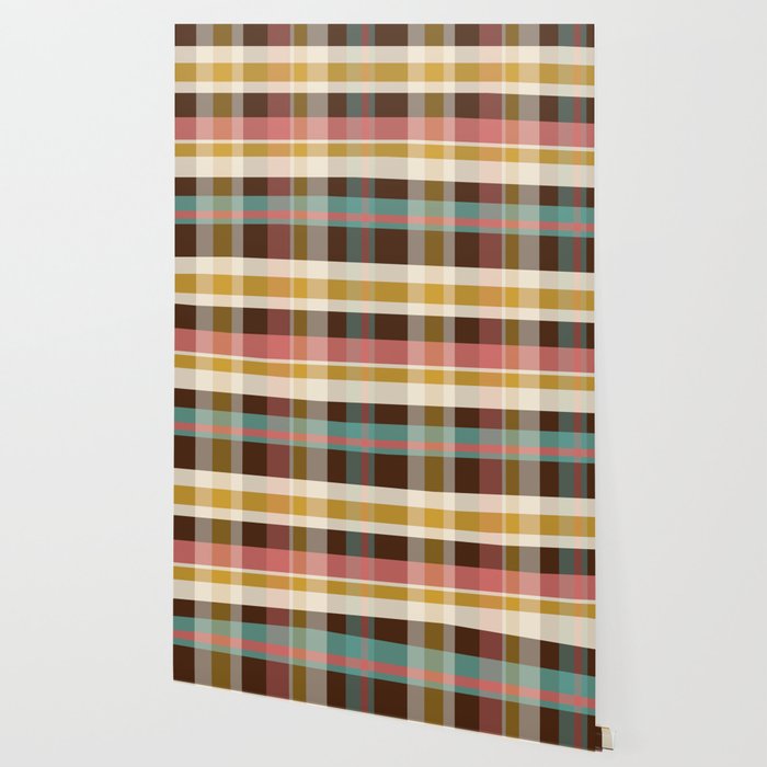 Retro Midcentury Modern Plaid Pattern Teal Brown Coral Gold Beige Wallpaper Gallery Image 2