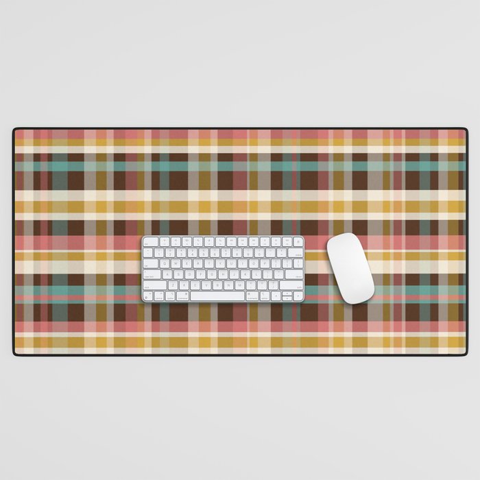 Retro Midcentury Modern Plaid Pattern Teal Brown Coral Gold Beige Desk Mat Gallery Image 1