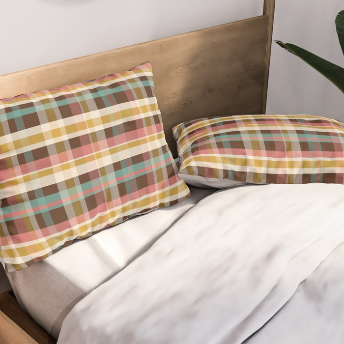 Retro Midcentury Modern Plaid Pattern Teal Brown Coral Gold Beige Pillow Sham Gallery Image 2