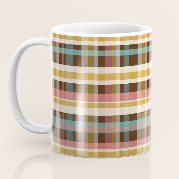 Retro Midcentury Modern Plaid Pattern Teal Brown Coral Gold Beige Coffee Mug Gallery Image 3
