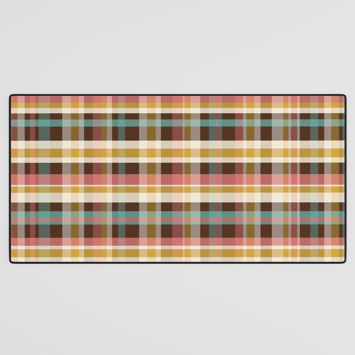 Retro Midcentury Modern Plaid Pattern Teal Brown Coral Gold Beige Desk Mat Gallery Image 3
