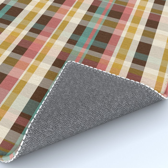 Retro Midcentury Modern Plaid Pattern Teal Brown Coral Gold Beige Rug Gallery Image 4
