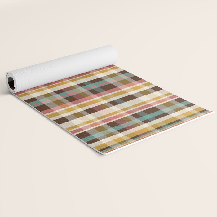 Retro Midcentury Modern Plaid Pattern Teal Brown Coral Gold Beige Yoga Mat Gallery Image 2