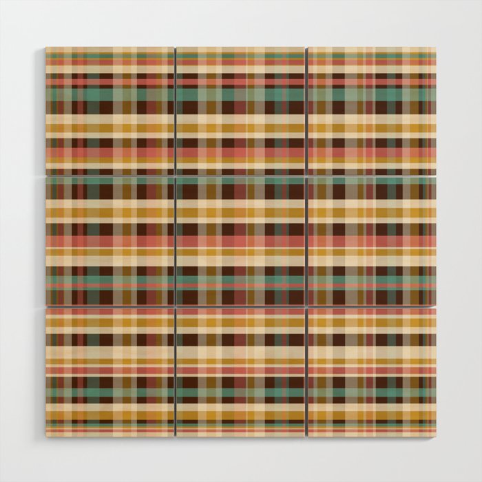 Retro Midcentury Modern Plaid Pattern Teal Brown Coral Gold Beige Wood Wall Art Gallery Image 1