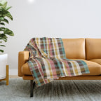 Retro Midcentury Modern Plaid Pattern Teal Brown Coral Gold Beige Throw Blanket Gallery Image 1