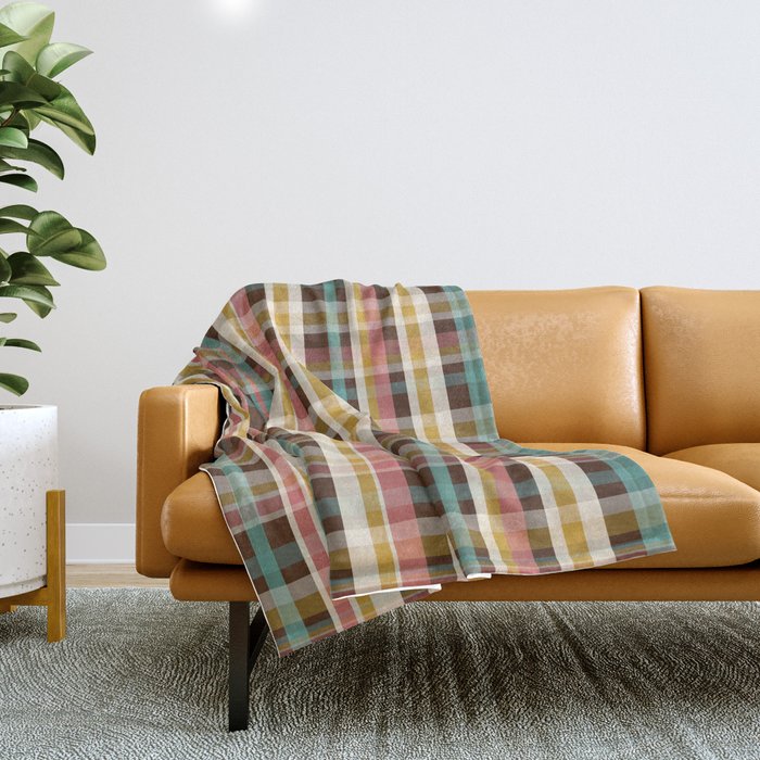 Retro Midcentury Modern Plaid Pattern Teal Brown Coral Gold Beige Throw Blanket Gallery Image 1