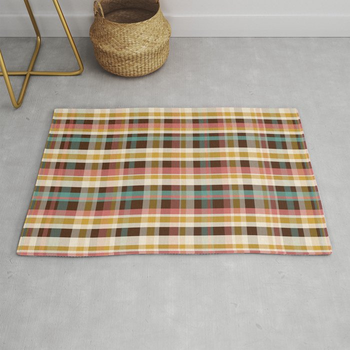 Retro Midcentury Modern Plaid Pattern Teal Brown Coral Gold Beige Rug Gallery Image 1