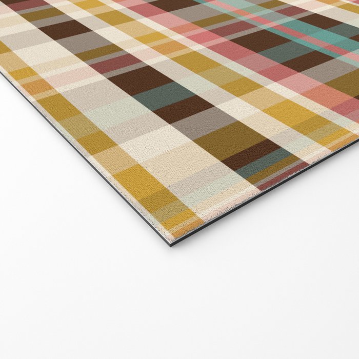 Retro Midcentury Modern Plaid Pattern Teal Brown Coral Gold Beige Welcome Mat Gallery Image 2