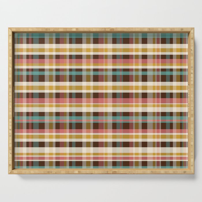 Retro Midcentury Modern Plaid Pattern Teal Brown Coral Gold Beige Serving Tray Gallery Image 1