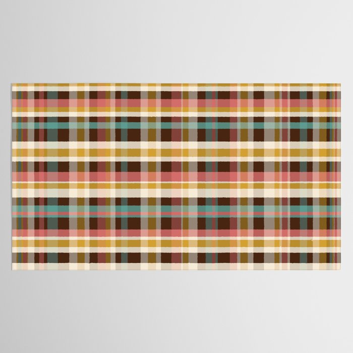 Retro Midcentury Modern Plaid Pattern Teal Brown Coral Gold Beige Tablecloth Gallery Image 2