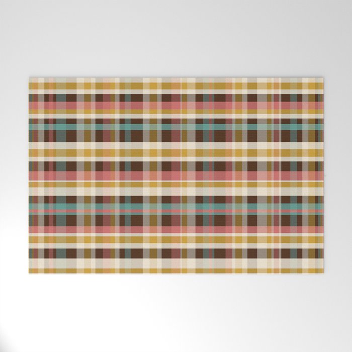 Retro Midcentury Modern Plaid Pattern Teal Brown Coral Gold Beige Welcome Mat Gallery Image 1