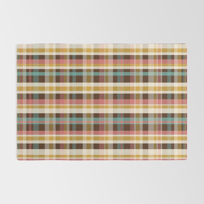 Retro Midcentury Modern Plaid Pattern Teal Brown Coral Gold Beige Rug Gallery Image 2