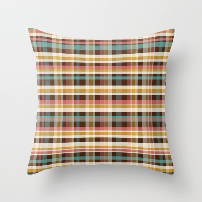 Retro Midcentury Modern Plaid Pattern Teal Brown Coral Gold Beige Throw Pillow Gallery Image 6