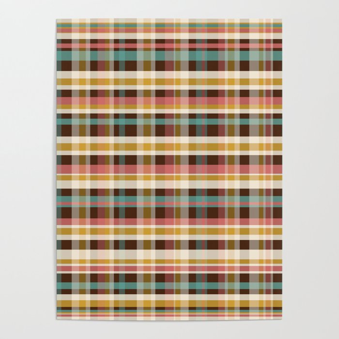 Retro Midcentury Modern Plaid Pattern Teal Brown Coral Gold Beige Poster Gallery Image 1