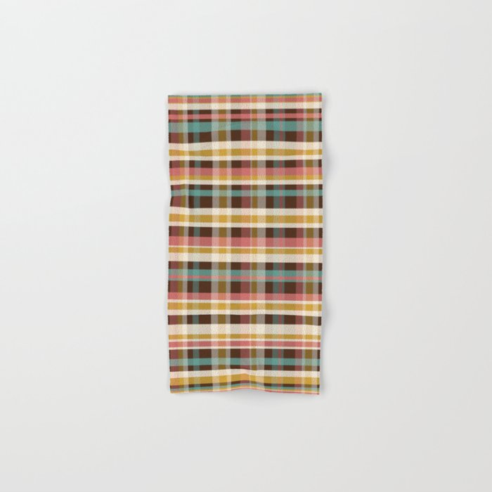 Retro Midcentury Modern Plaid Pattern Teal Brown Coral Gold Beige Bath Towel Gallery Image 1