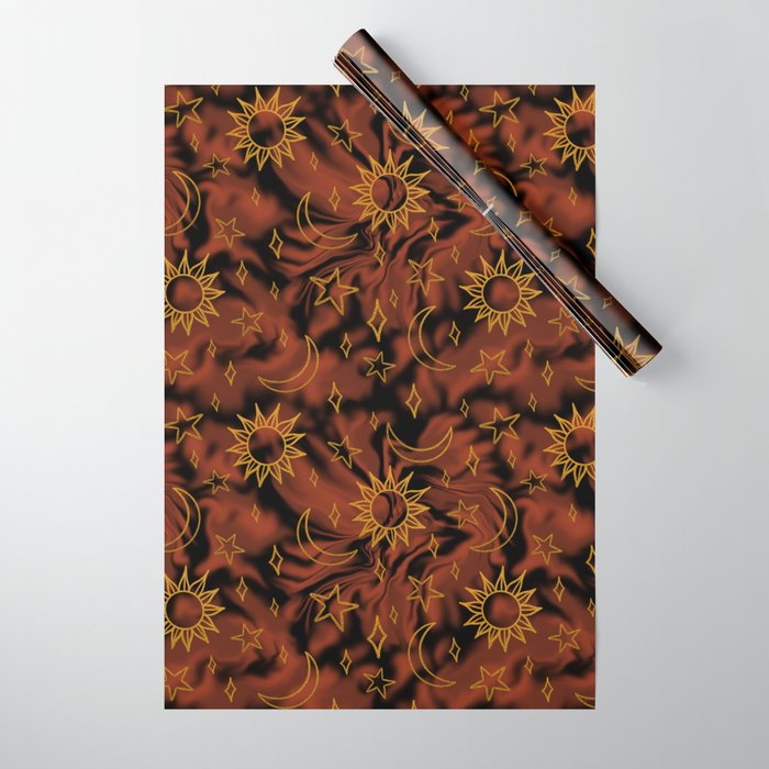 Tie Dye Moon and Star Print in Orange Wrapping Paper Gallery Image 1