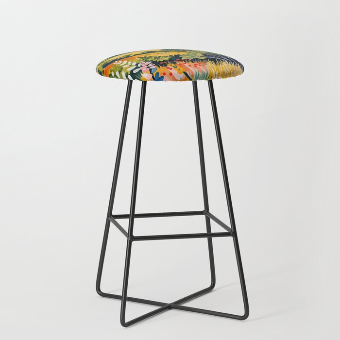 Vibrant Mediterranean Coast Painting In Matisse Style With Blooming Flowers And Blue Waters Stool