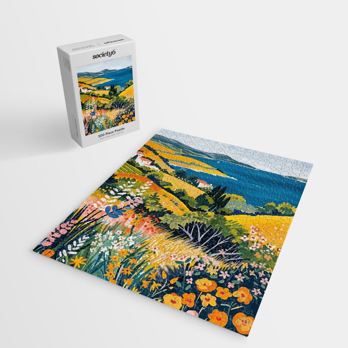 Vibrant Mediterranean Coast Painting in Matisse Style with Blooming Flowers and Blue Waters Jigsaw Puzzle Gallery Image 2