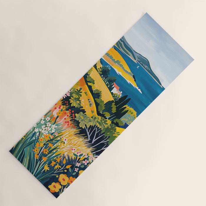 Vibrant Mediterranean Coast Painting in Matisse Style with Blooming Flowers and Blue Waters Yoga Mat Gallery Image 1